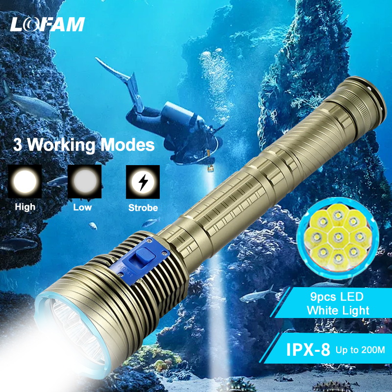 Underwater Flashlight - ダイビング懐中電灯 9 個 LED ホワイト/イエローライトメタルハウジングダイビングフラッシュライトトーチ水中ランプ釣りキャンプ旅行用
