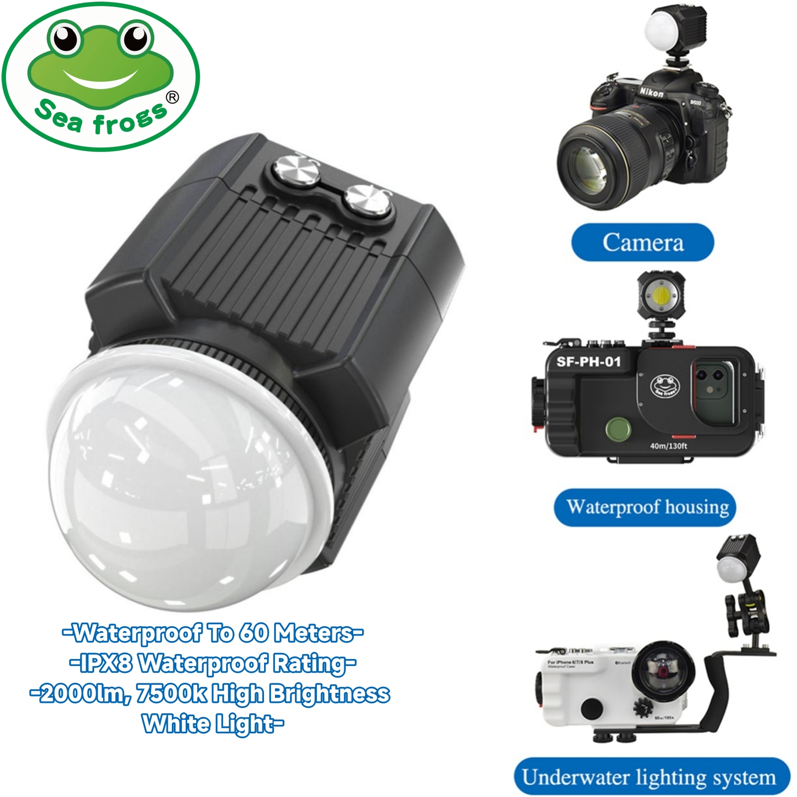 Underwater Flashlight - Seafrogs IPX8 60メートル防水ダイビングフィルLEDライト 2000LM TG7/6カメラ＆スマホ対応 ユニバーサルビデオライト