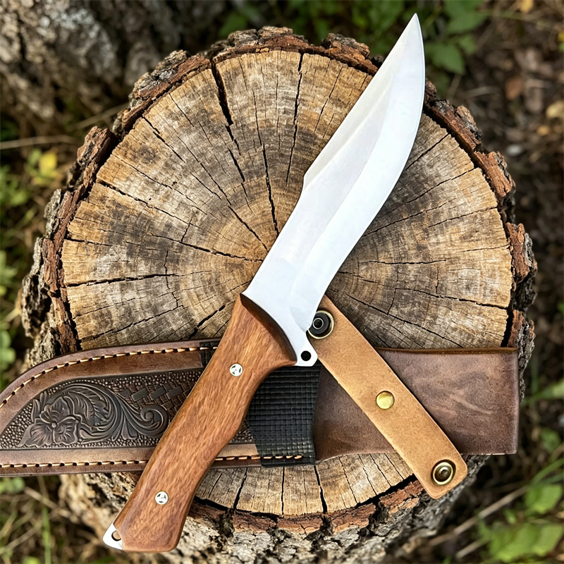 Dive Knife Titanium - 木製ハンドルのアウトドアサバイバル用固定刃カッティングツール、エンボス加工PUレザーシース付き、ハイキング、キャンプ、ブッシュクラフトナイフ用
